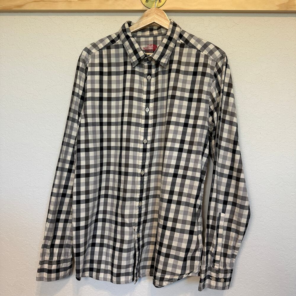 Men's The North Face Black and‎ Cream Plaid Long Sleeve Button Down Size L